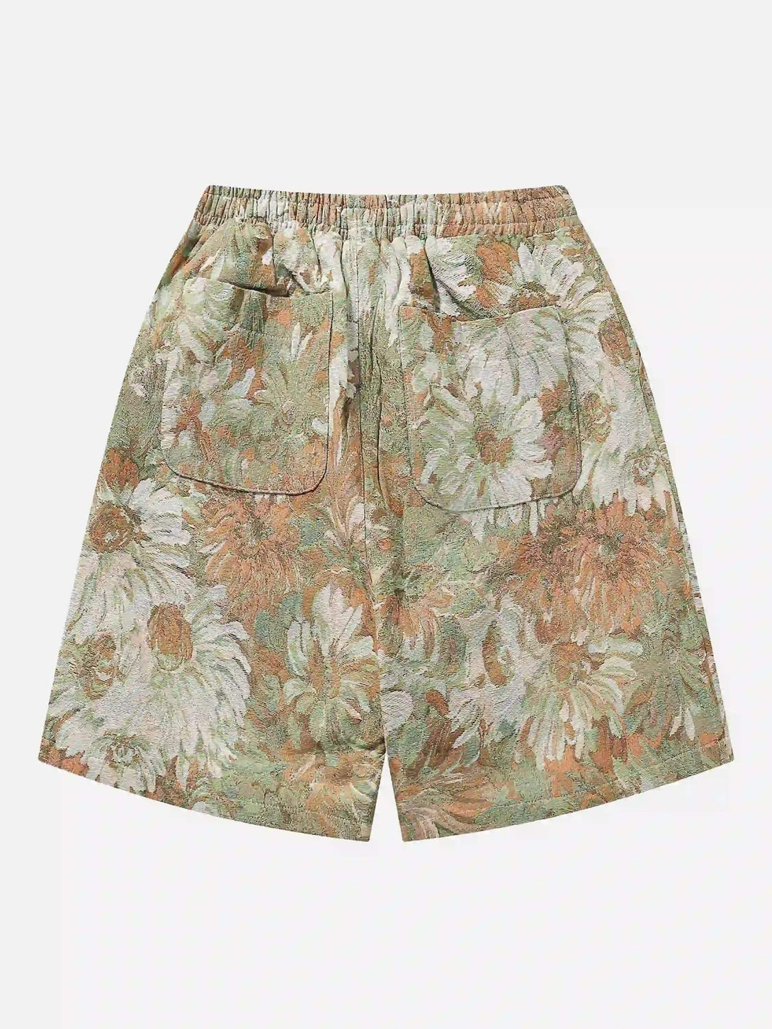 Back view of TALISHKO jacquard shorts, highlighting floral embroidery and pocket details.