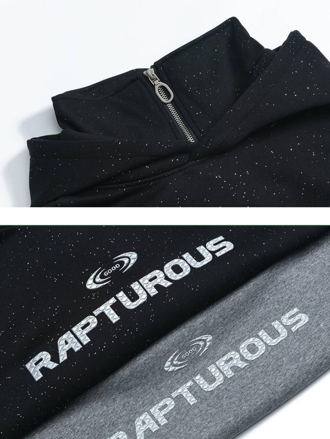 The TALISHKO hoodie features speckled fabric and "RAPTUROUS" text, showcasing its unique style.