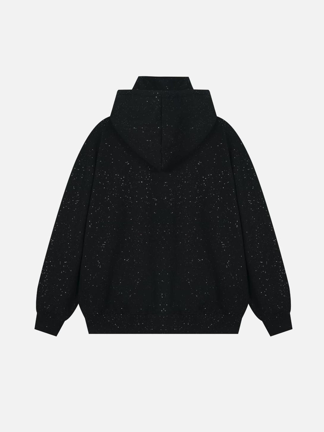 Back view of a speckled black leisure hoodie by TALISHKO, showcasing its cozy design.