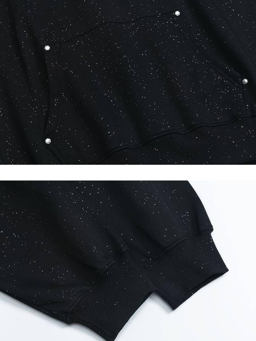 A close-up of TALISHKO's speckled black hoodie pocket and cuff, highlighting its unique texture.