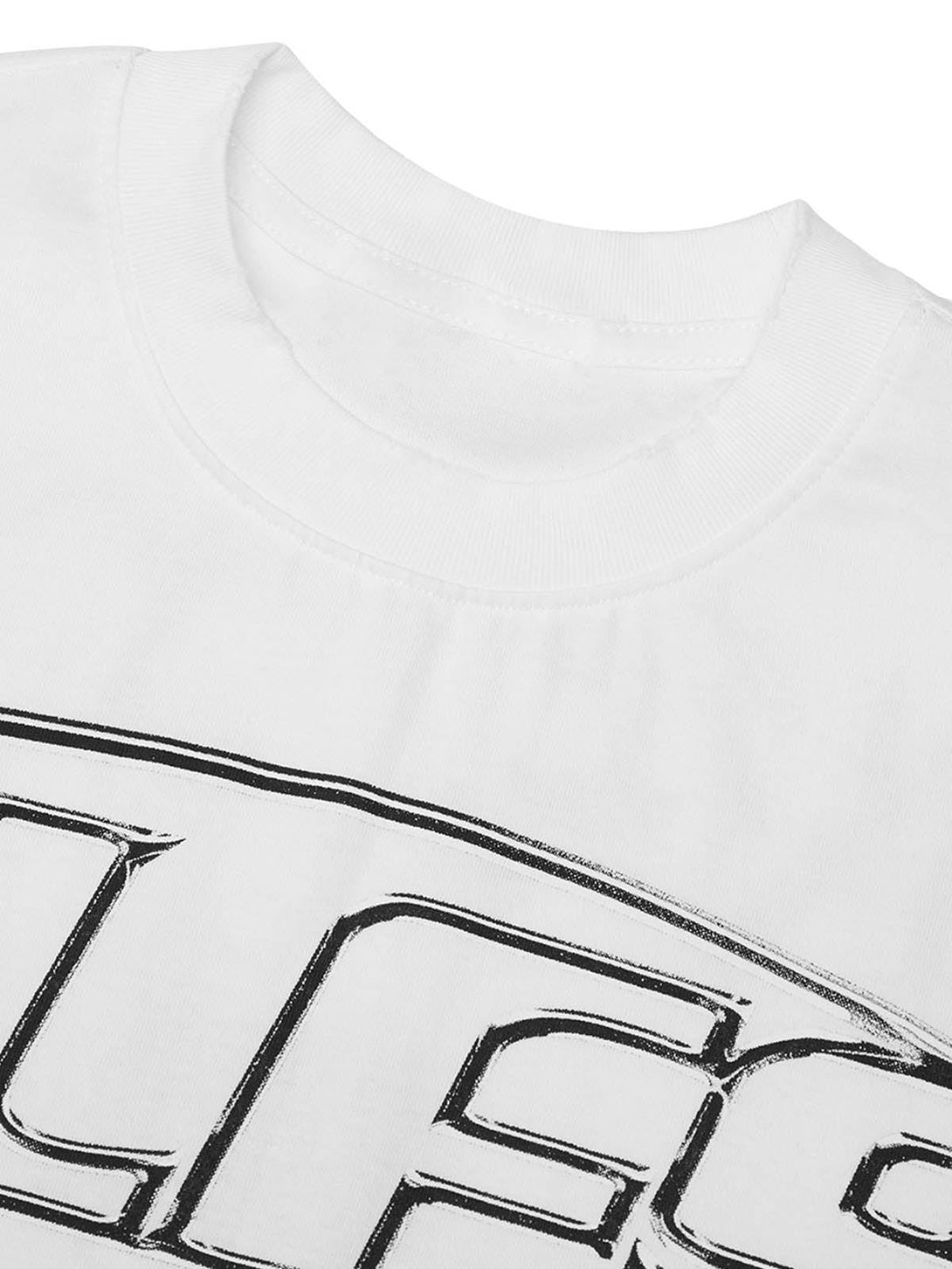 Detailed look at the TALISHKO white T-shirt's bold letter design on the front.
