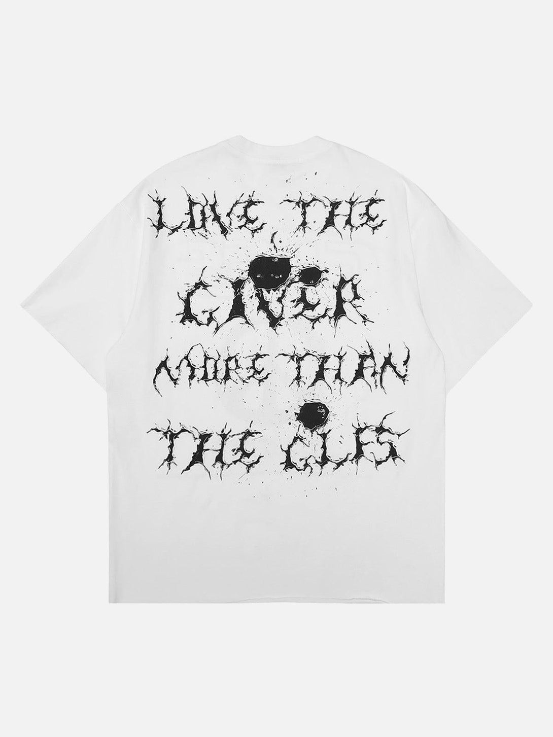 Back view of white short-sleeved T-shirt by TALISHKO featuring artistic, bold lettering design.