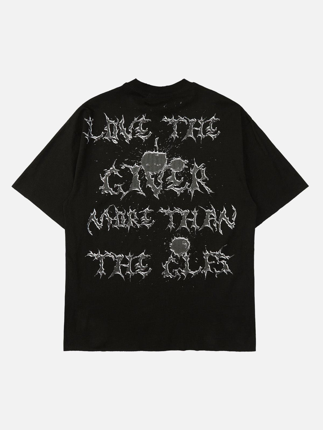 Back view of black short-sleeved T-shirt by TALISHKO featuring edgy, bold lettering design.