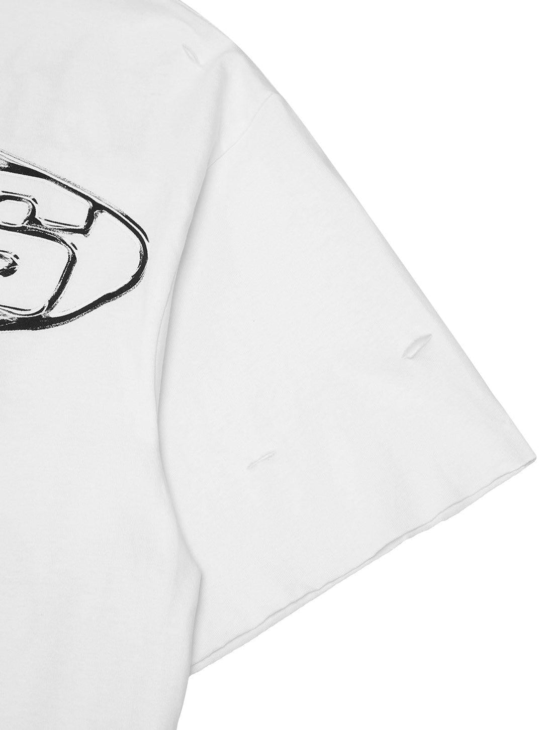 A close-up of TALISHKO's white T-shirt sleeve with subtle distressed details and bold graphics.