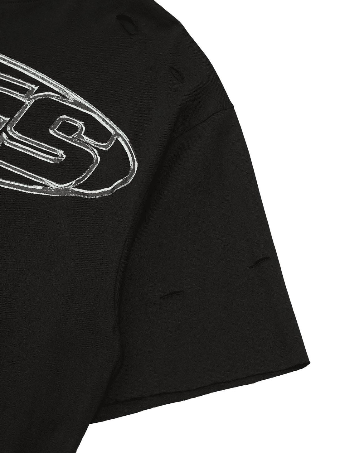 Detailed view of the TALISHKO black T-shirt showcasing bold lettering and distressed design.