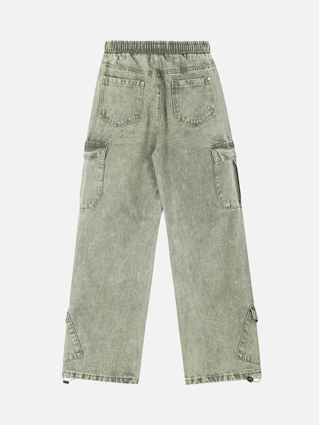 Back view of TALISHKO loose elastic waist trousers in green, featuring multiple pockets.