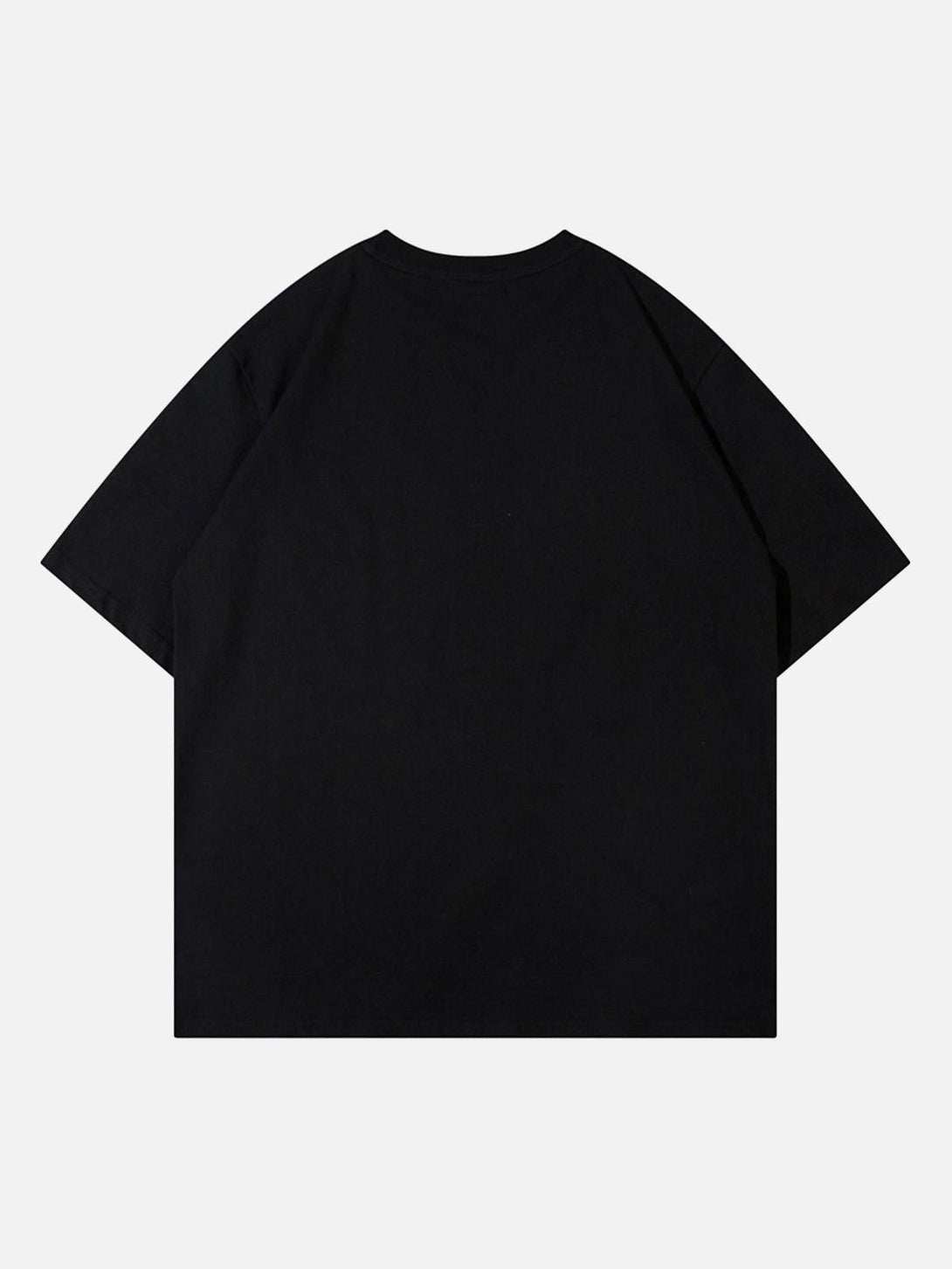 Back view of a black asymmetric T-shirt by TALISHKO, featuring a relaxed and stylish fit.