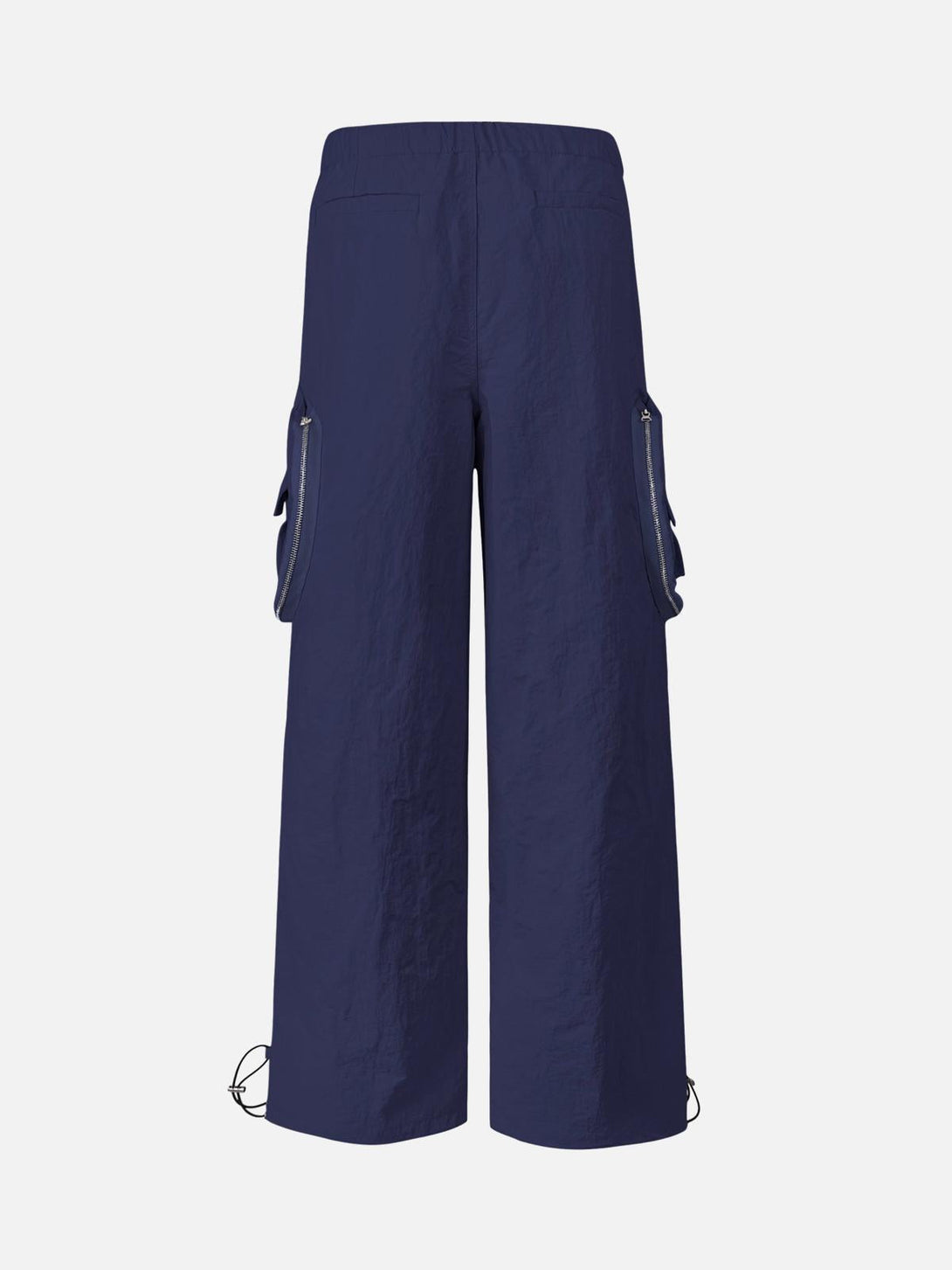 Back view of TALISHKO navy cargo pants, highlighting multi-pocket design and relaxed fit.