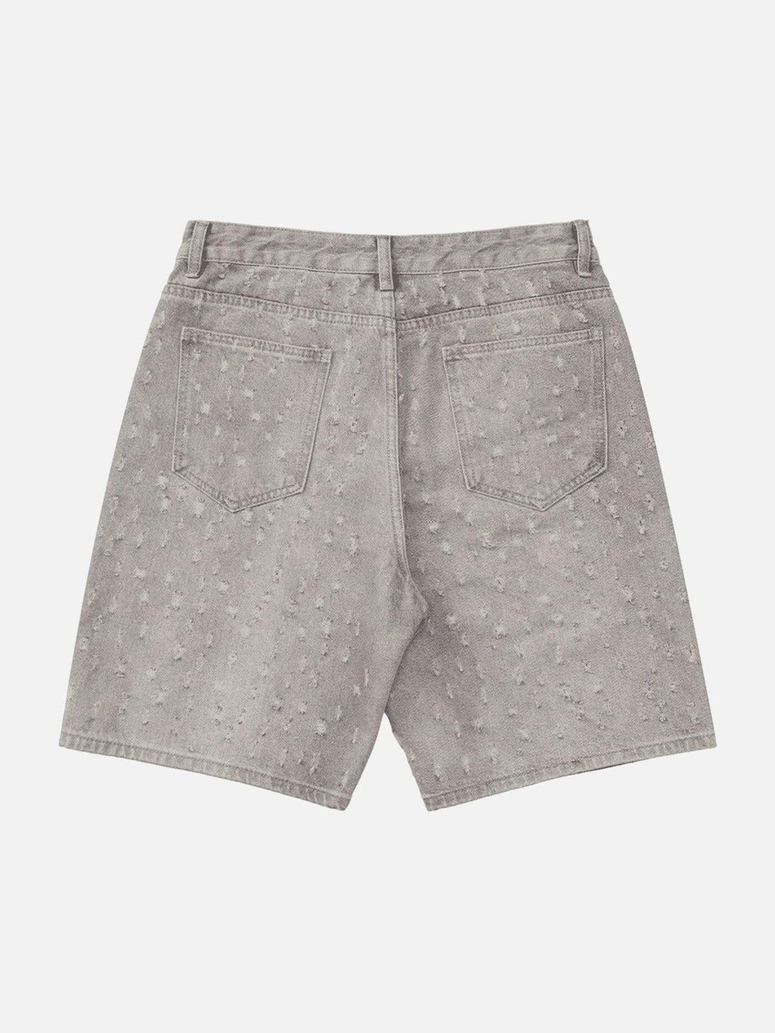 Back view of gray ripped denim shorts by TALISHKO, featuring a distinctive textured design.