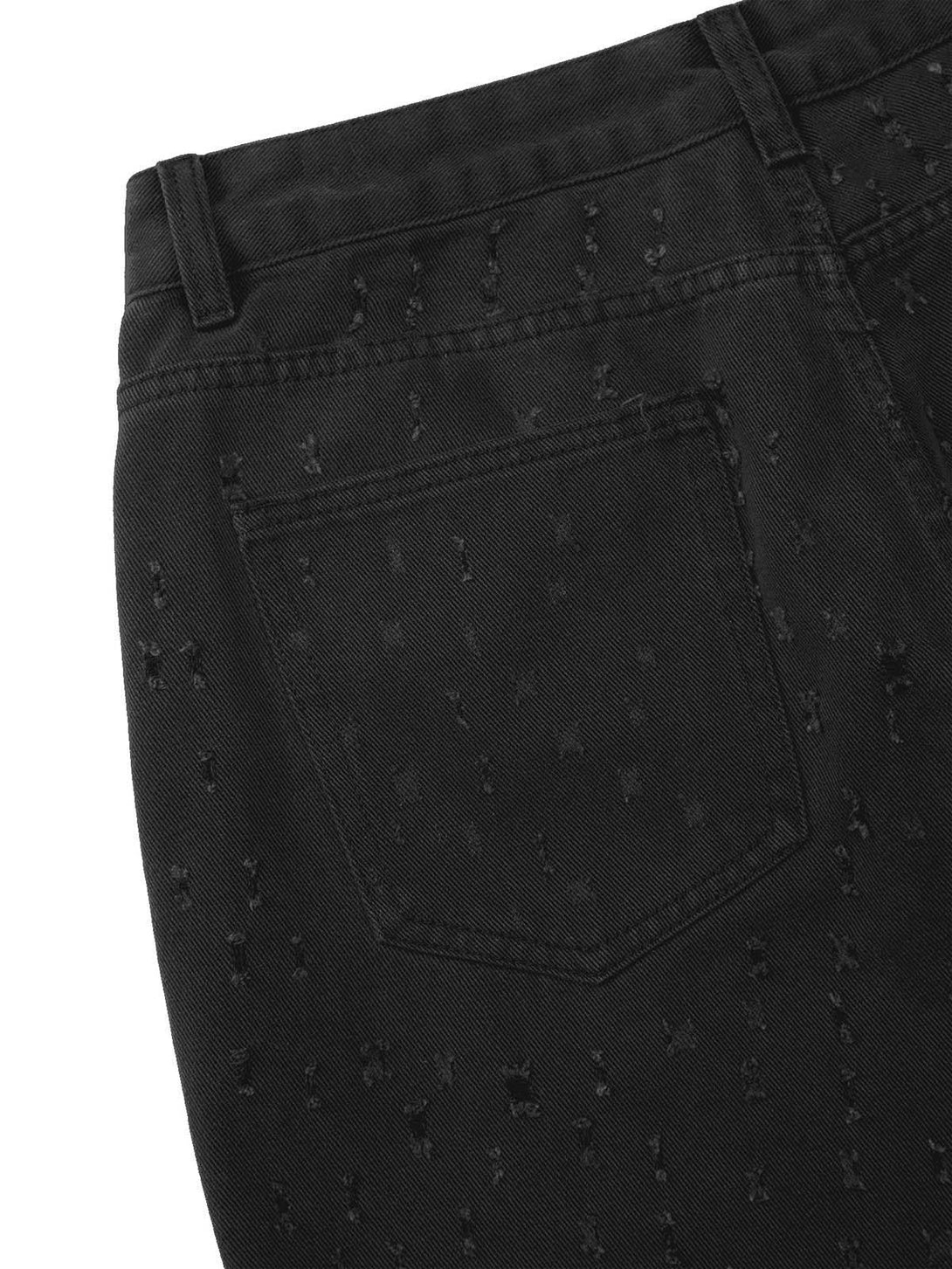 Detailed fabric and stitching of black denim shorts by TALISHKO, highlighting niche design.