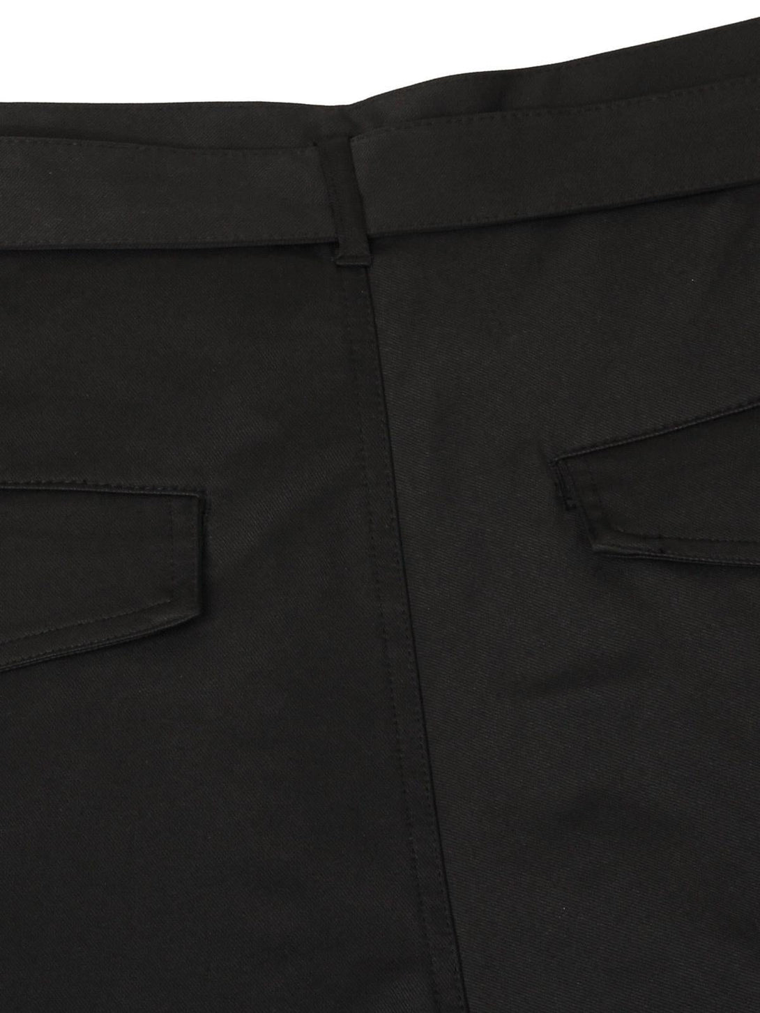 A detailed view of black cargo pants by TALISHKO, focusing on the back pockets and stitching.
