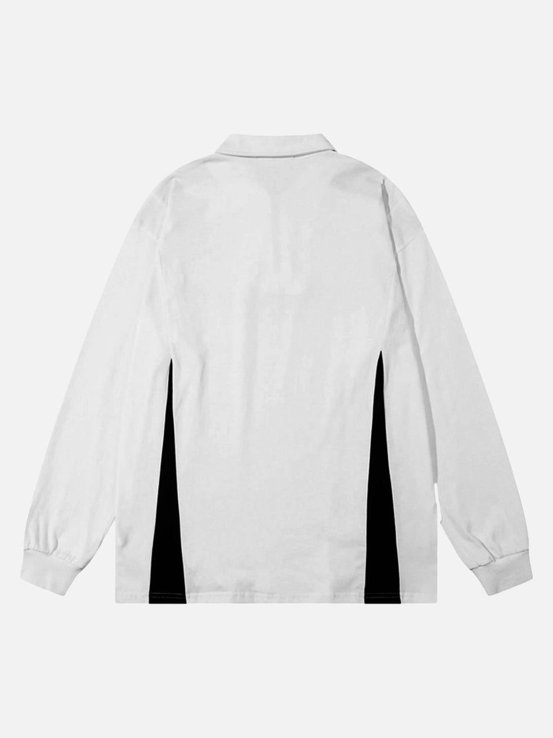 Back view of a white long sleeve polo by TALISHKO, featuring sleek black side panels.