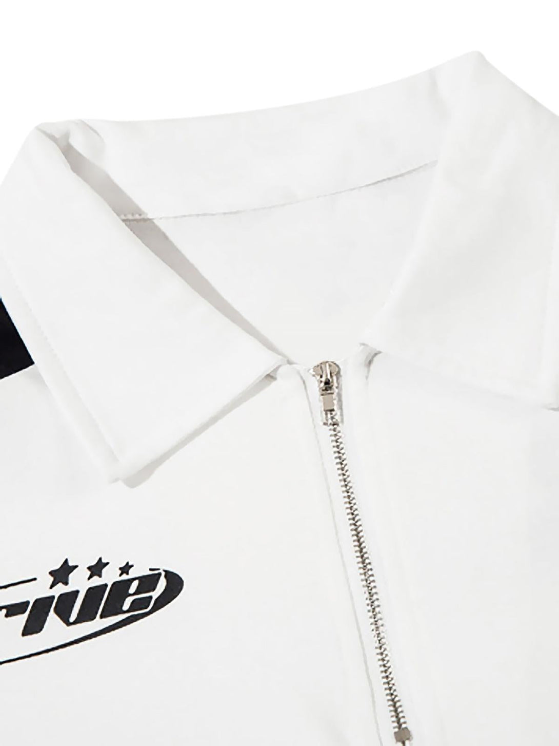 Collar and zipper detail of a white TALISHKO long sleeve polo, featuring bold graphics.