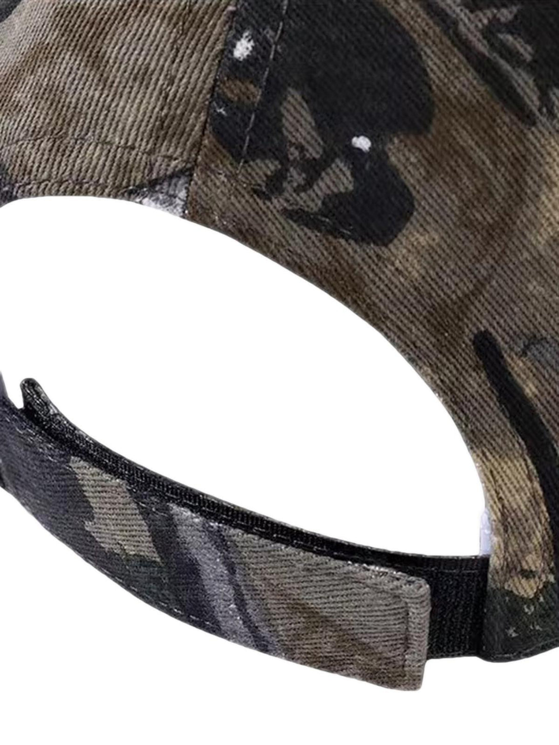 Intricate look at the adjustable strap on a camouflage hat, highlighting TALISHKO's rugged design.