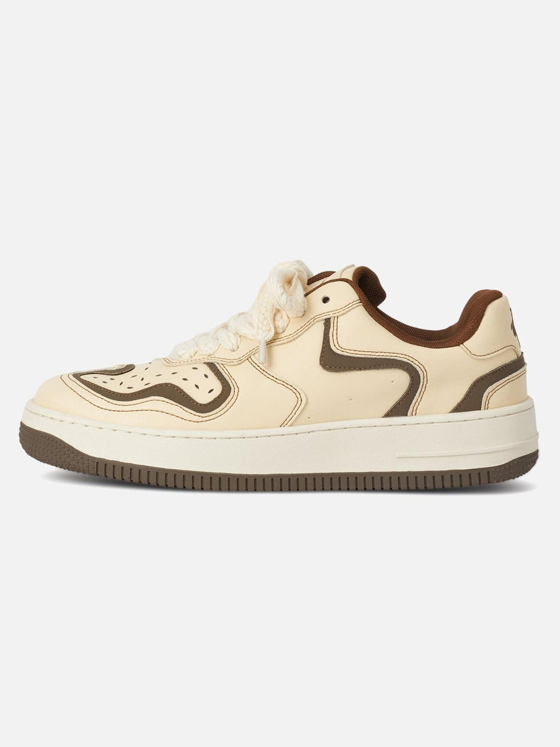 Side view of TALISHKO skateboard shoes in beige, featuring stylish brown accents and unique design.