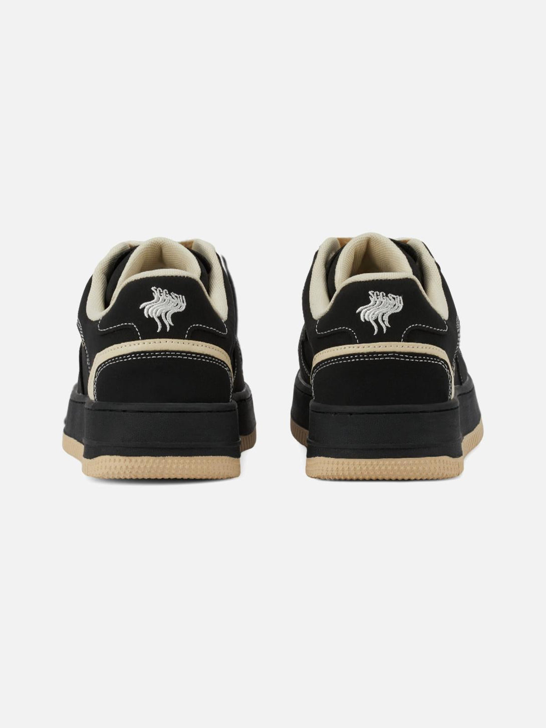 Back view of black skateboarding shoes by TALISHKO, featuring cream accents and unique logo.