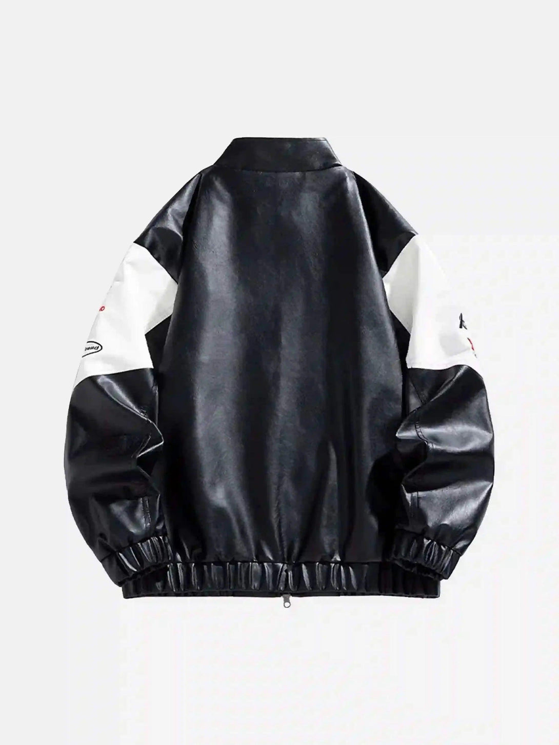 Back view of a racing baseball jacket by TALISHKO in black with contrasting white sleeves.