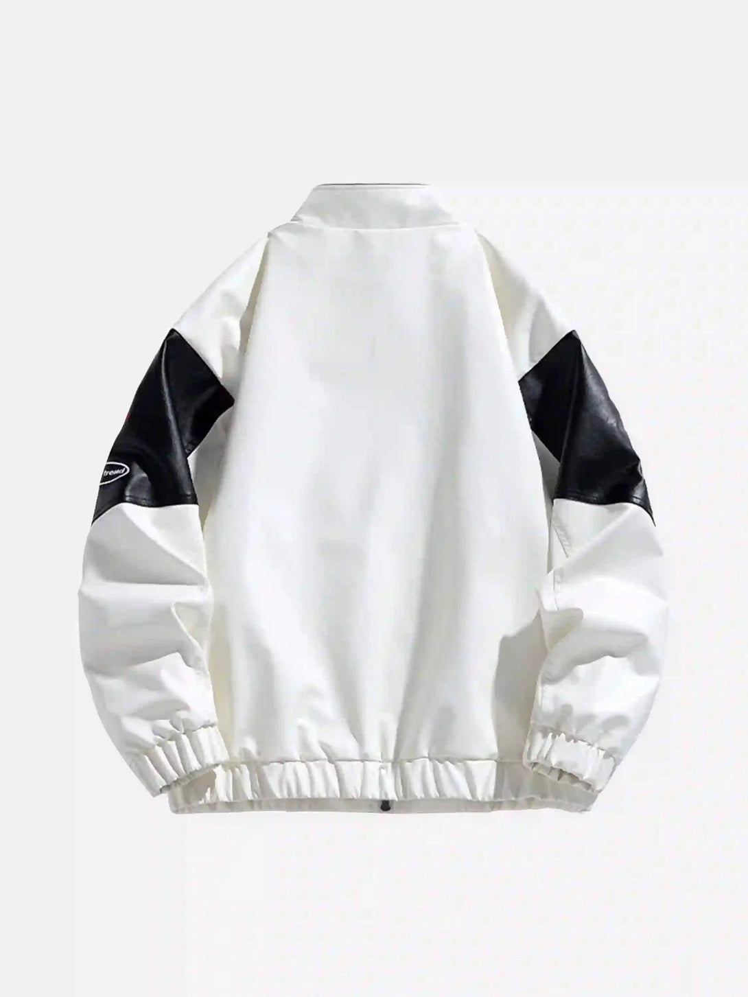Back view of a white racing baseball jacket by TALISHKO, featuring black splicing on sleeves.