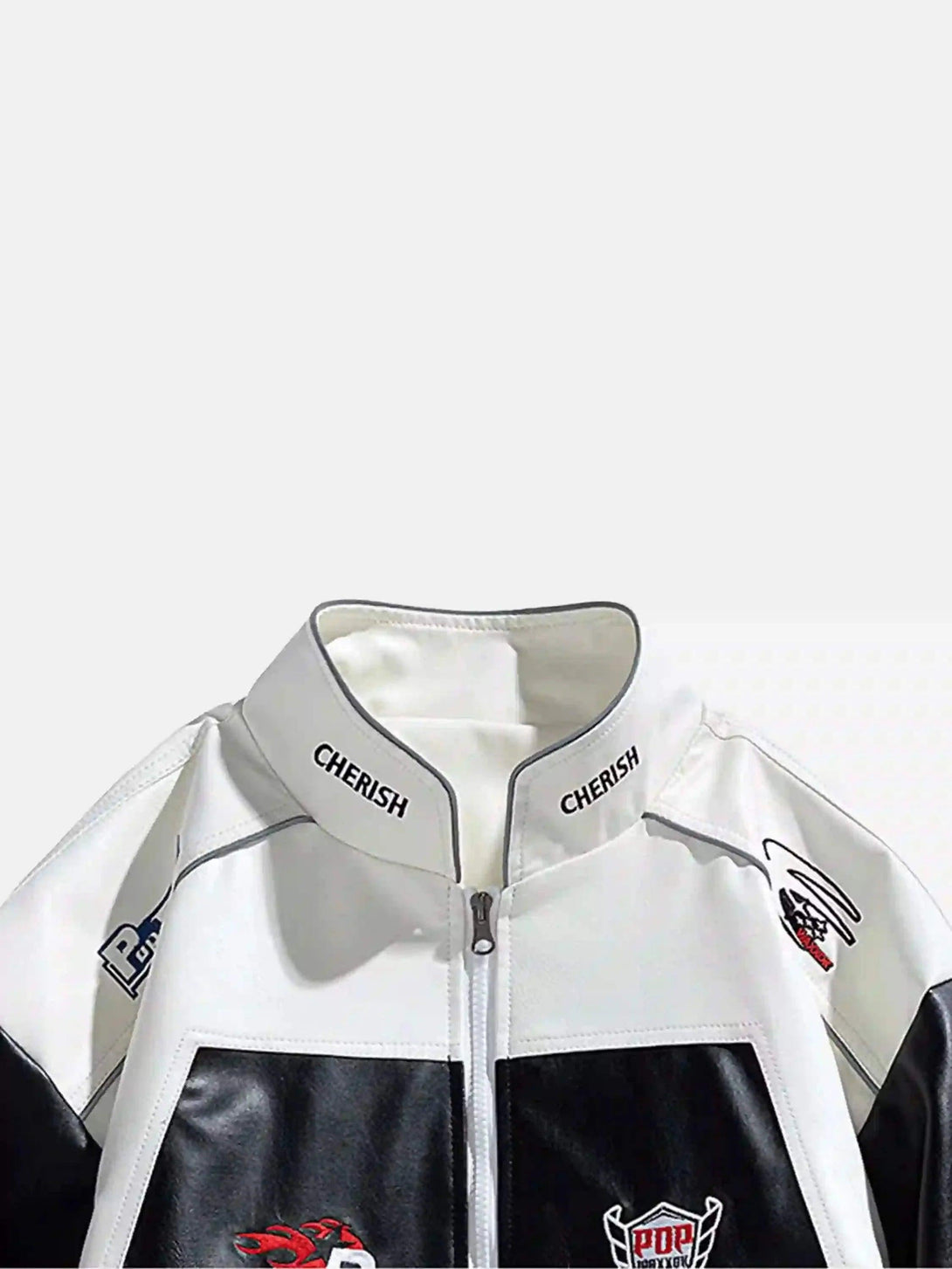 A detailed view of the collar and graphic accents on a racing baseball jacket by TALISHKO.