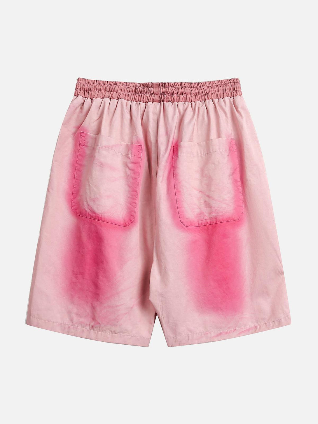 Back view of pink spray paint casual shorts by TALISHKO, highlighting elastic waist and pockets.