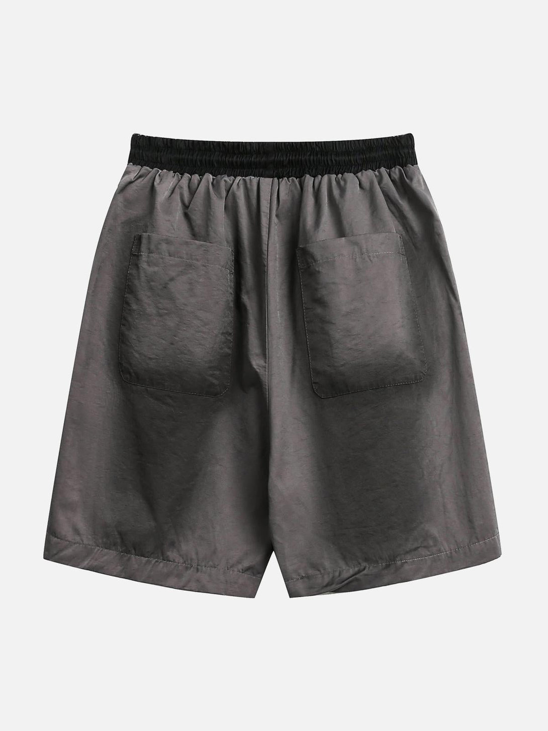 Back view of gray casual shorts by TALISHKO, featuring practical pockets and an elastic waistband.