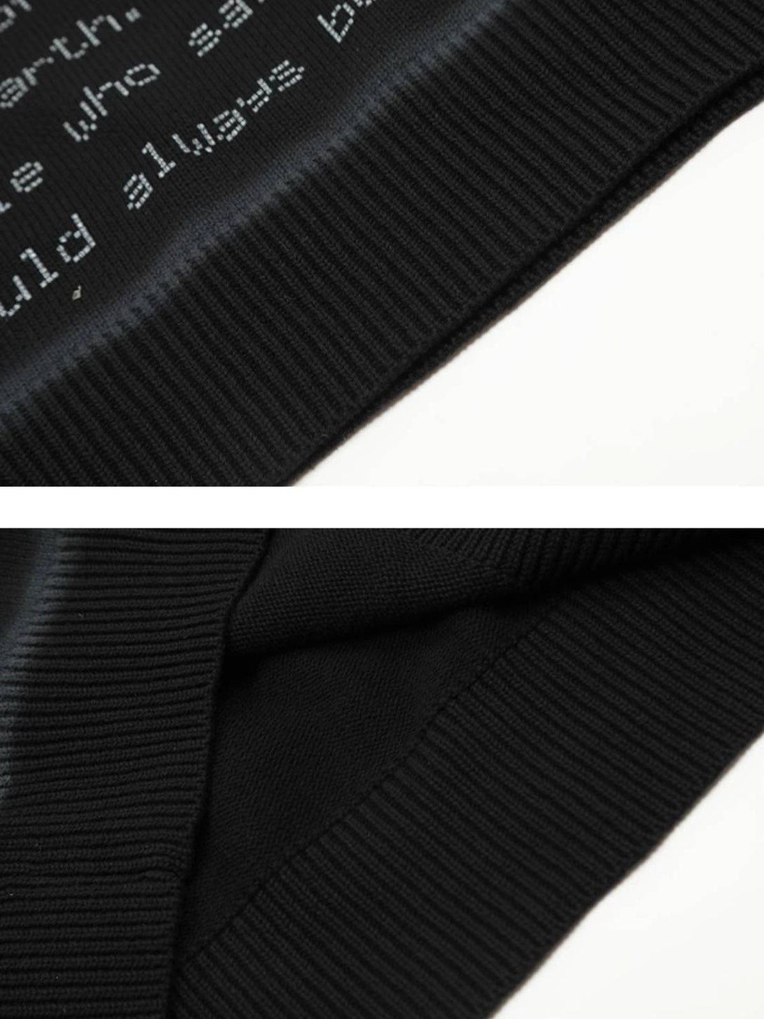 Detailed fabric and stitching of a TALISHKO sweater, emphasizing its ribbed texture.