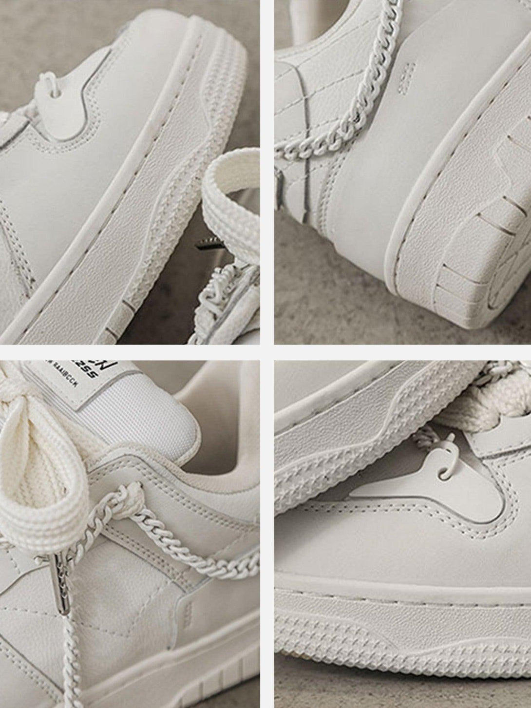 Intricate look at white TALISHKO sneakers highlighting chain details and textured sole.