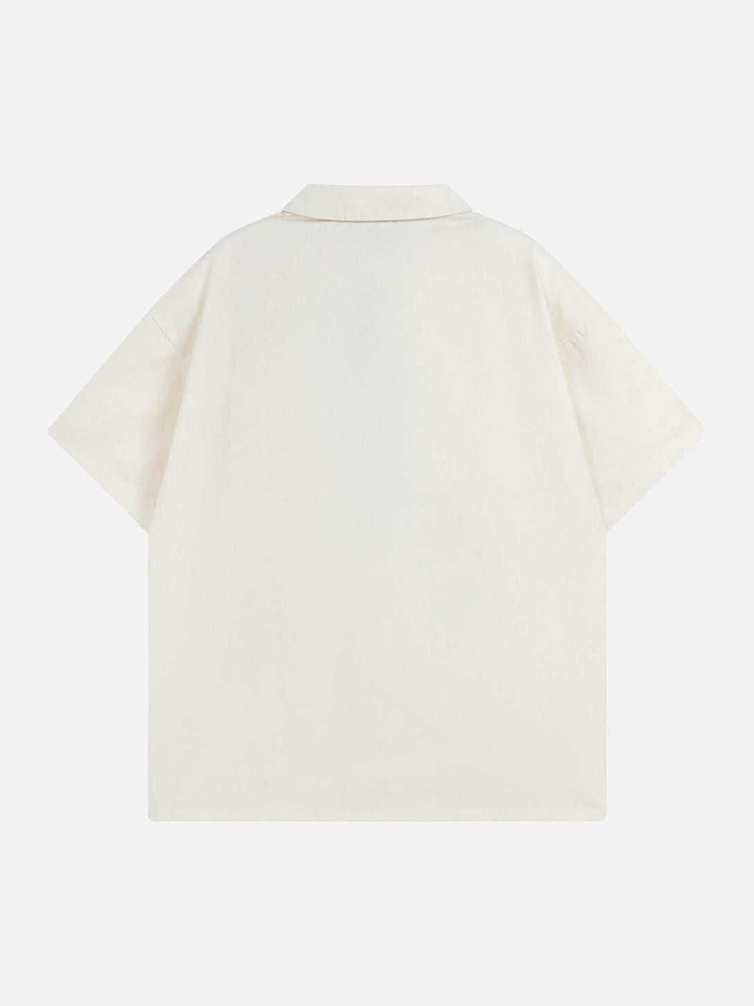 Back view of a cream short-sleeved shirt by TALISHKO, highlighting its minimalist design.
