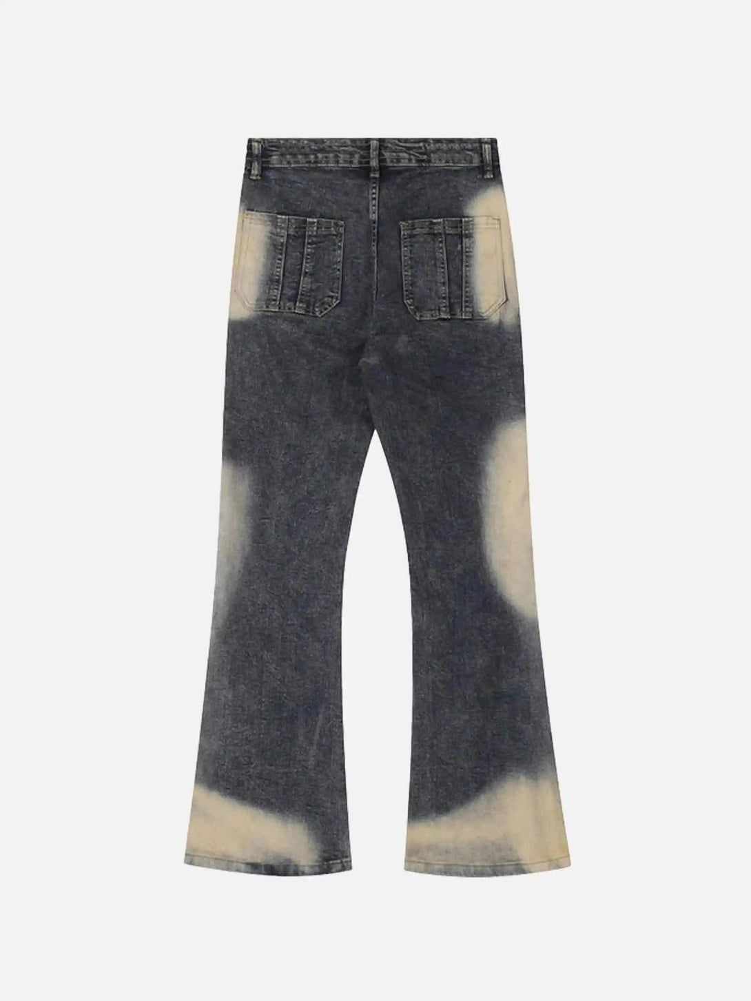 Back view of TALISHKO vintage flared jeans with a distinctive bleached pattern.