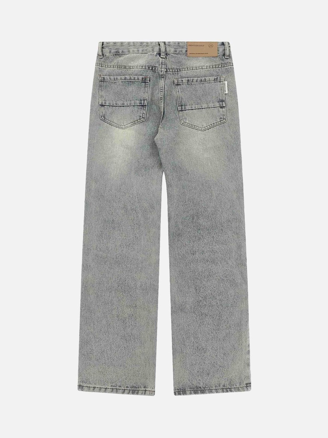 Back view of TALISHKO washed denim pants, showcasing work pockets and relaxed fit.