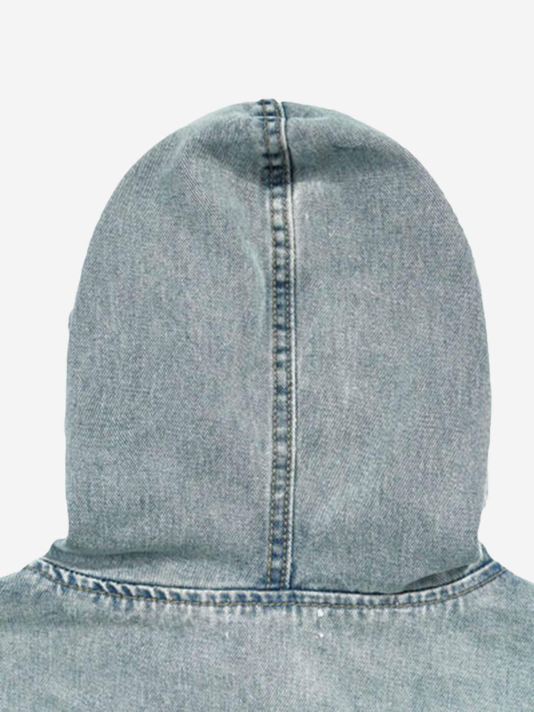 Back view of TALISHKO's washed denim hoodie, highlighting its unique texture and stitching.