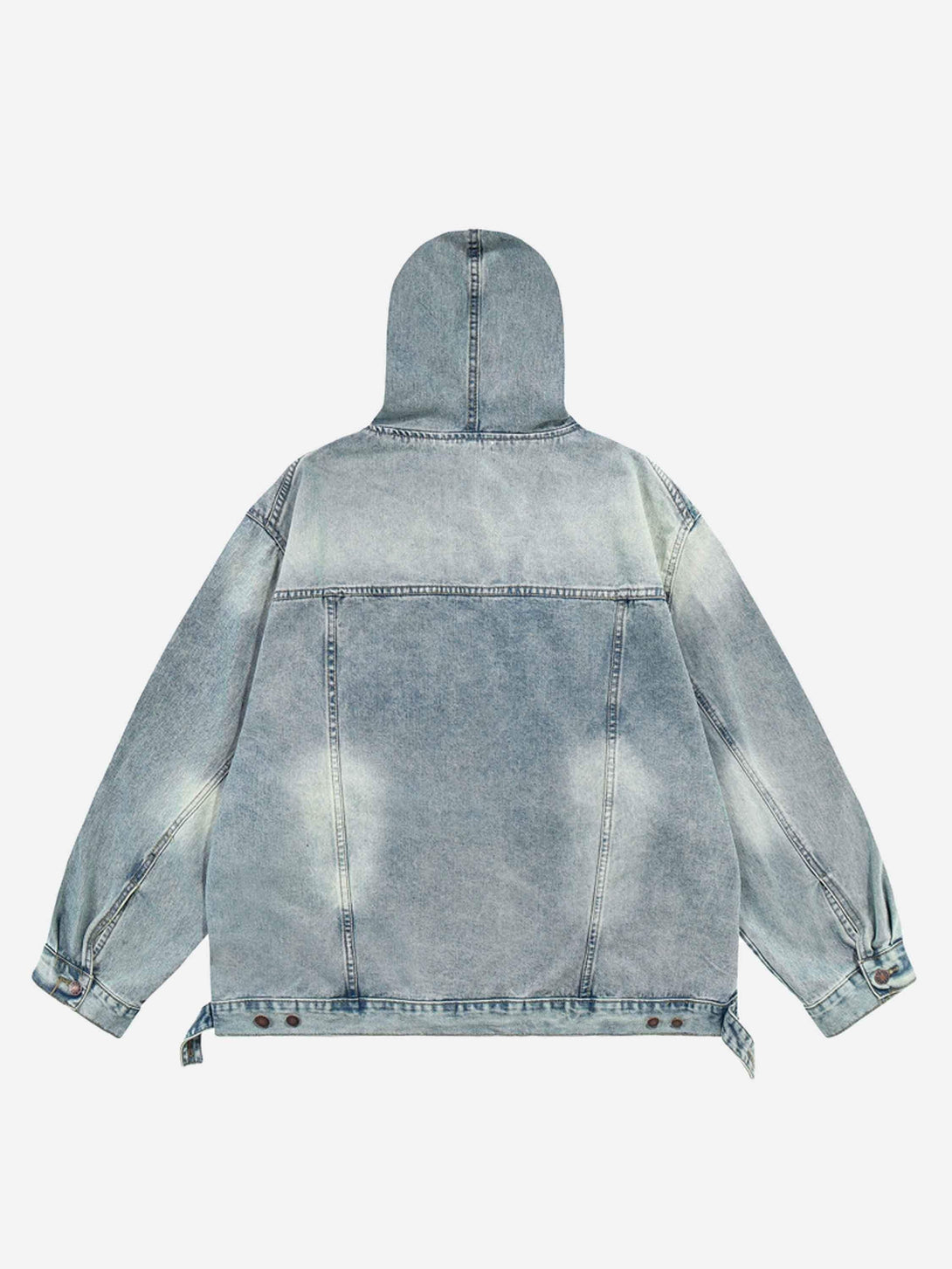 Back view of TALISHKO's washed denim hoodie, highlighting its relaxed, worn-in style.