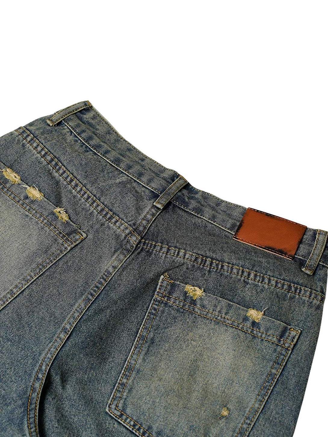 Back view of TALISHKO distressed denim shorts with frayed pockets and a rugged finish.