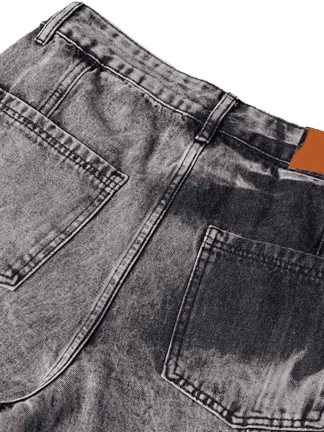 Back view of TALISHKO washed distressed jeans highlighting detailed pocket stitching.
