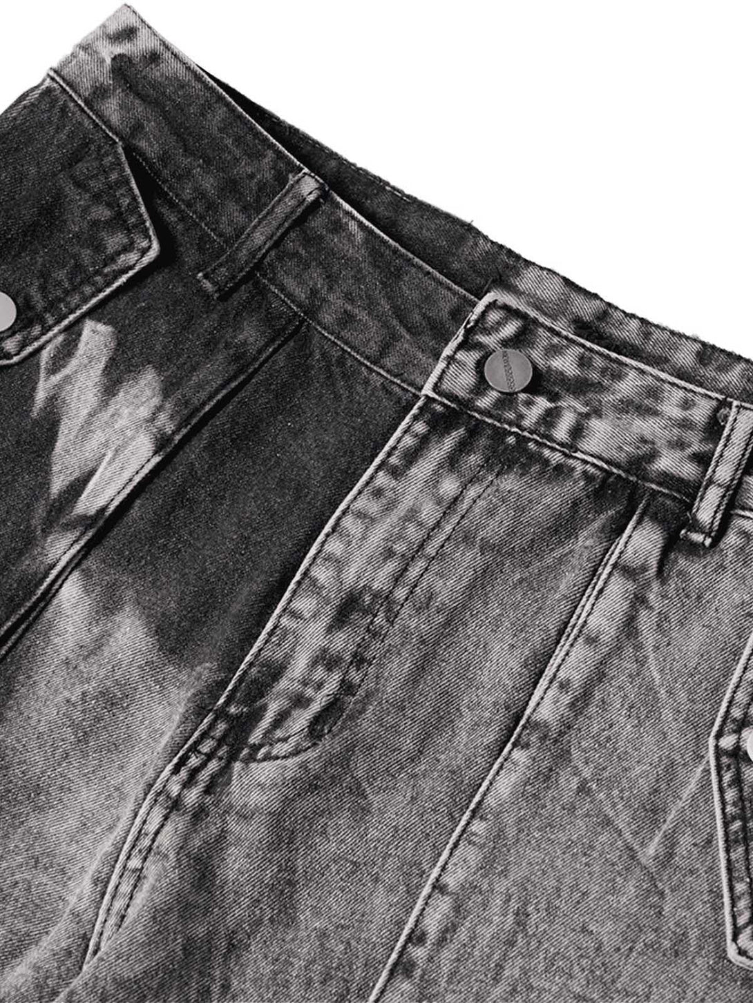 Detailed fabric and stitching of TALISHKO washed distressed work jeans, highlighting unique texture.