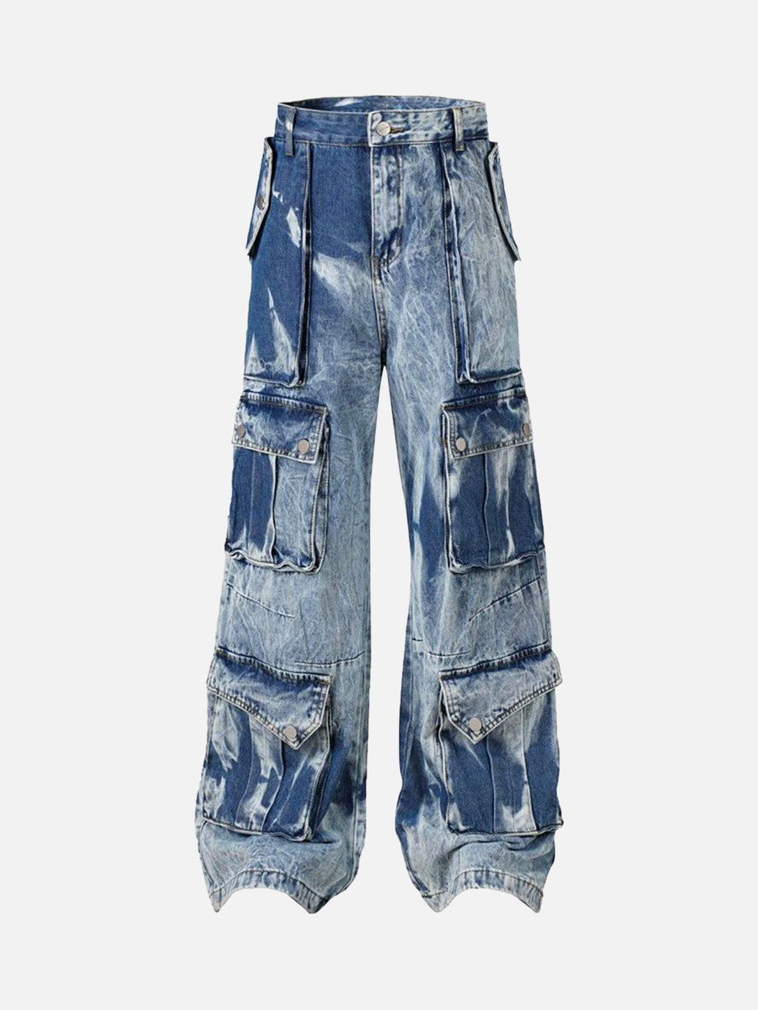 TALISHKO distressed work jeans with a washed finish and multiple cargo pockets, front view.