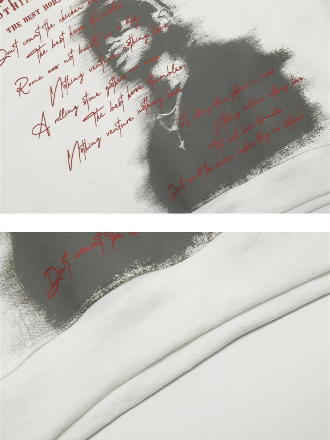 Intricate look at the TALISHKO print hoodie, highlighting unique text and washed graphic design.