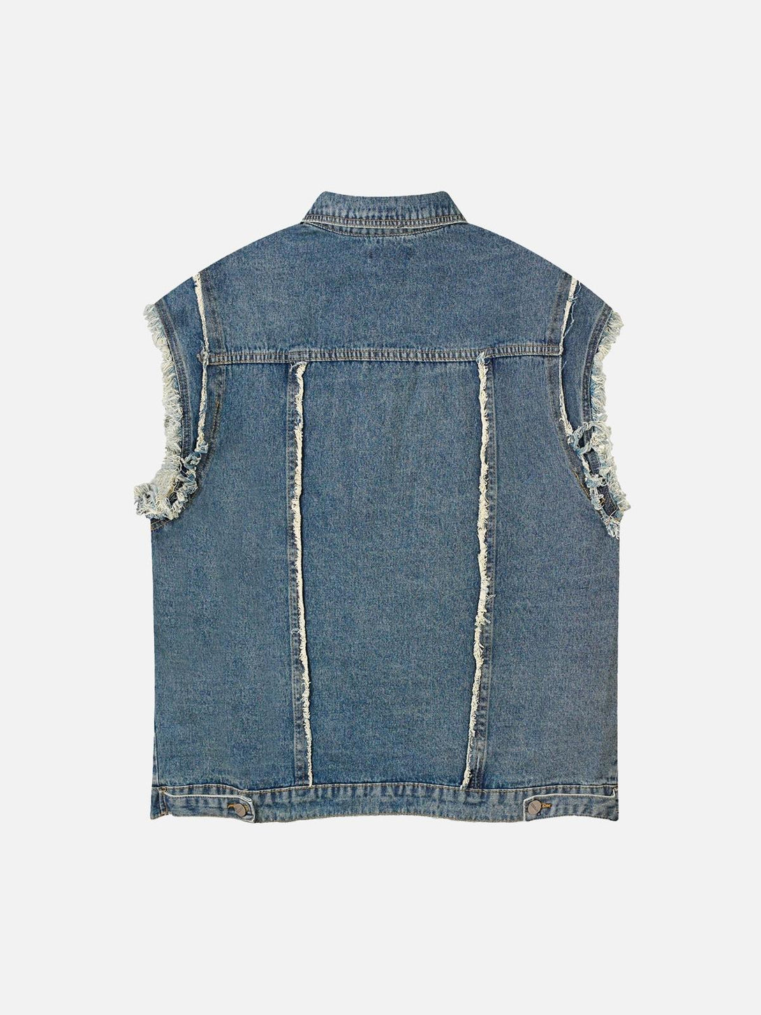 Back view of blue denim vest with raw edges, showcasing casual style by TALISHKO.