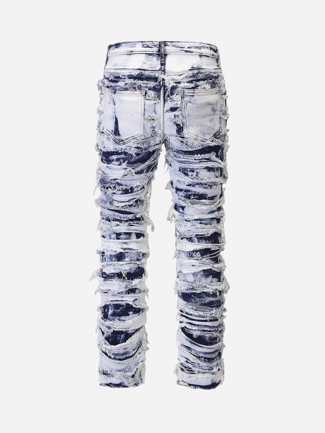 Back view of TALISHKO high street washed jeans, featuring a bold distressed design.