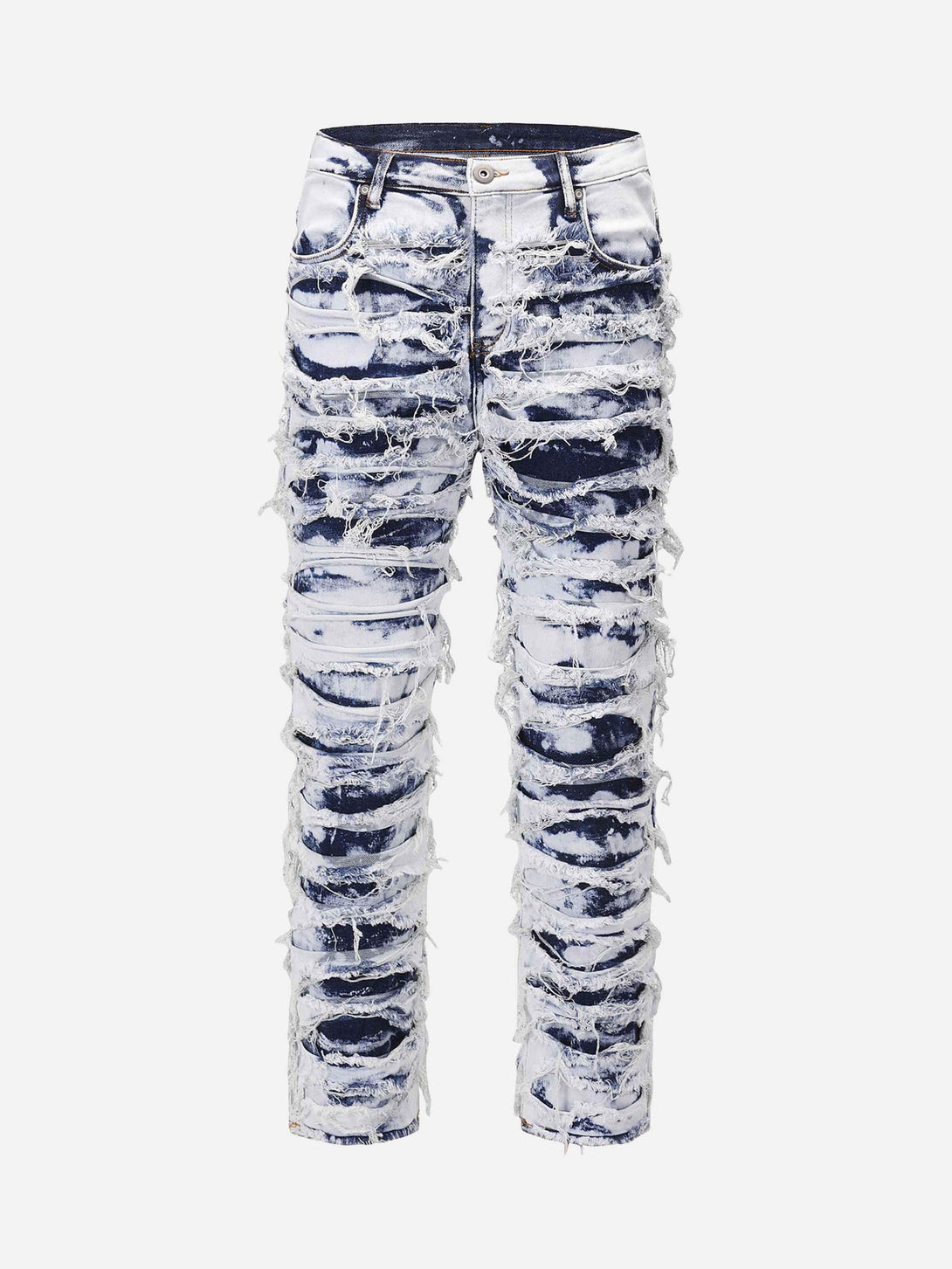 Ripped high street jeans by TALISHKO, showcasing a bold distressed design and slim fit.