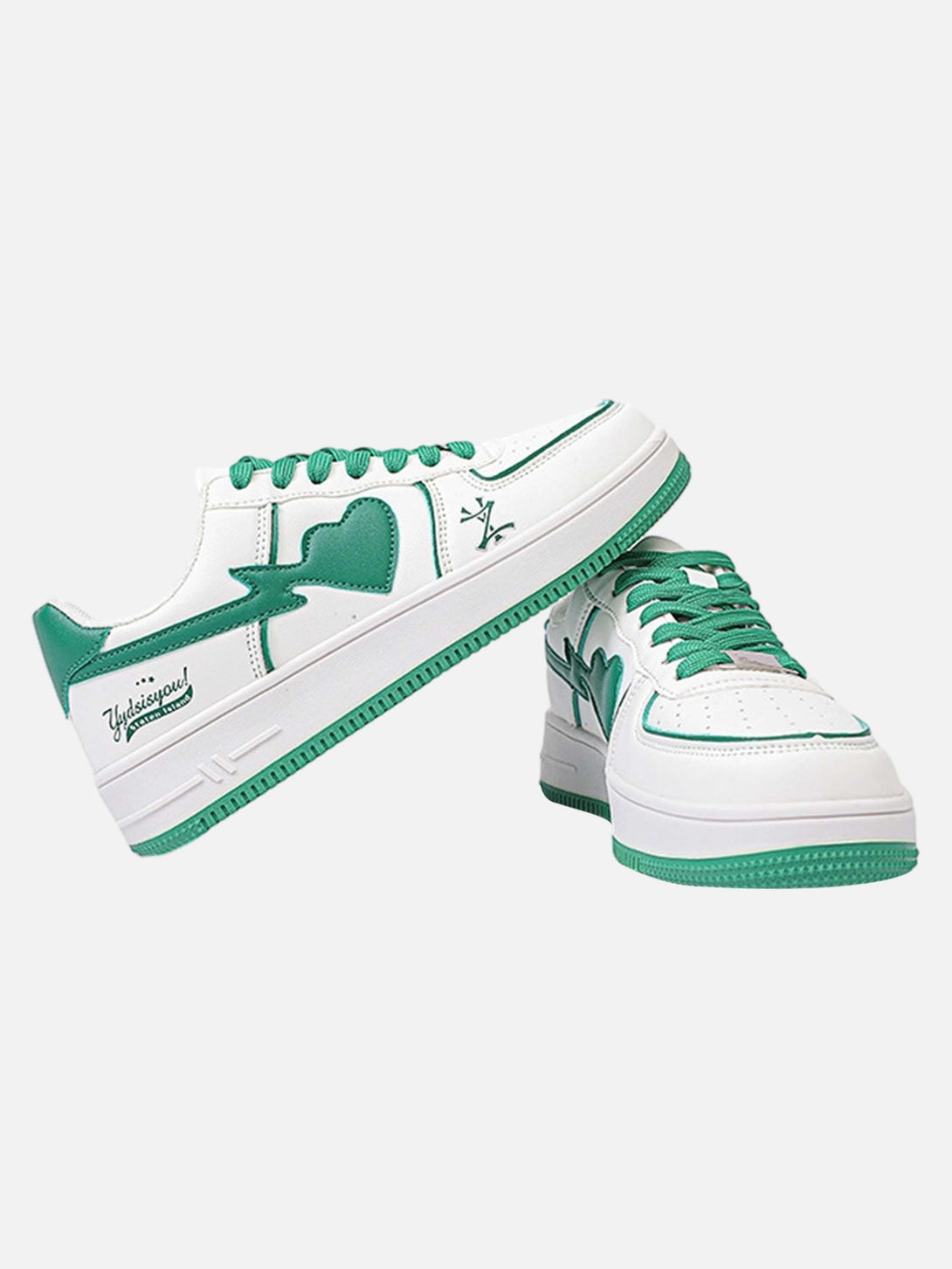 TALISHKO skate sneakers in white with green details, featuring a unique heart design.