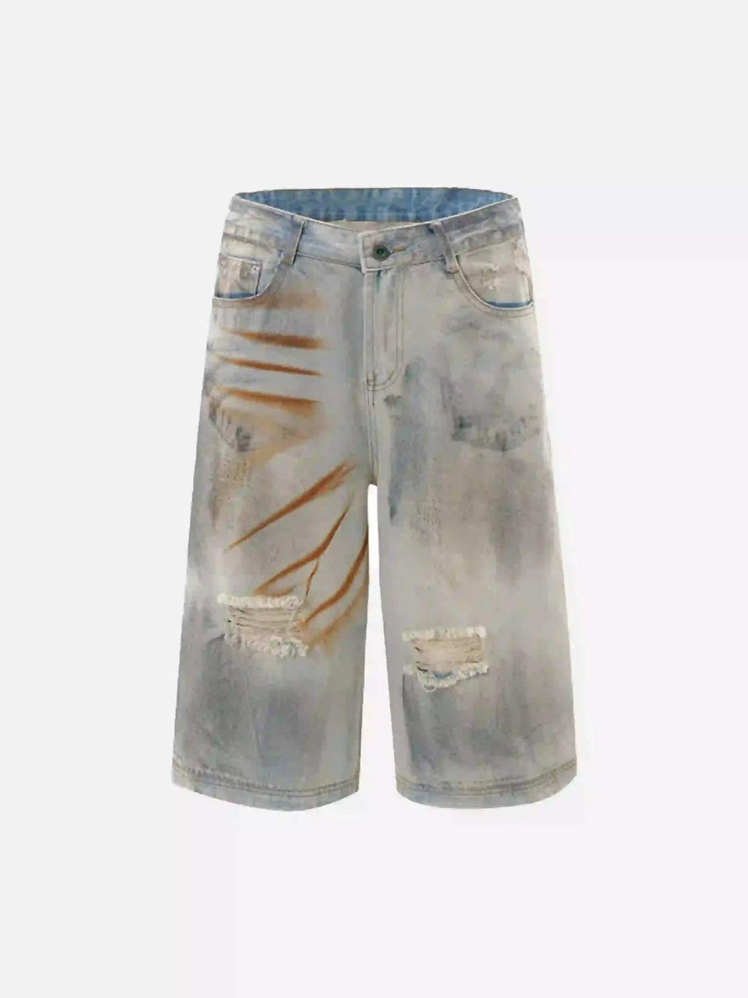 TALISHKO denim shorts with a distinctive mud-dyed pattern, highlighting front distressing.