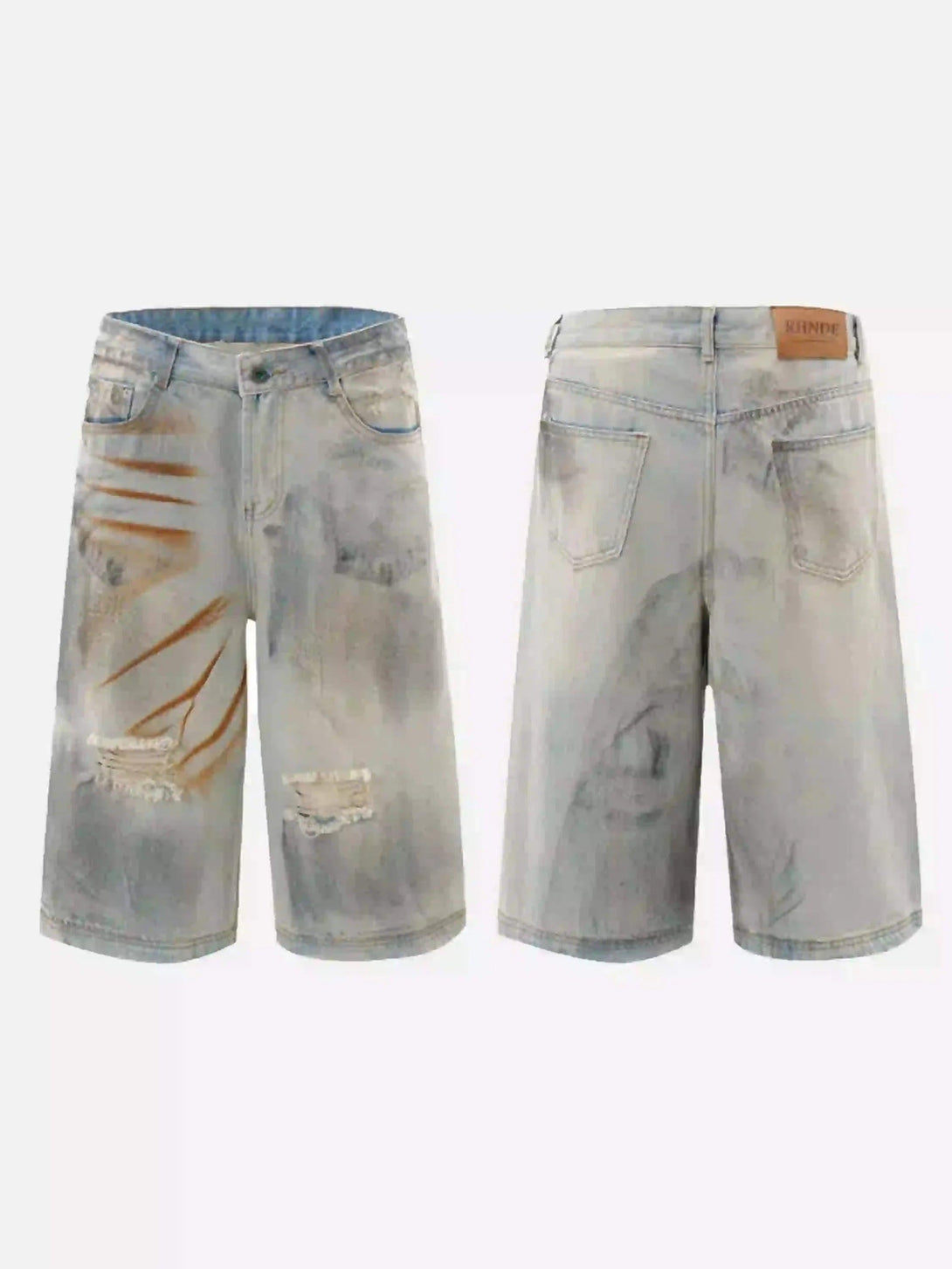 TALISHKO denim shorts with mud-dyed details, showcasing front and back design elements.