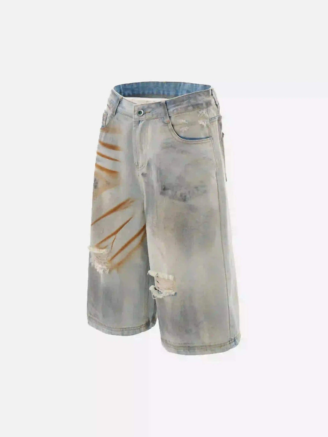 TALISHKO denim shorts featuring a unique mud-dyed pattern with front distressing detail.