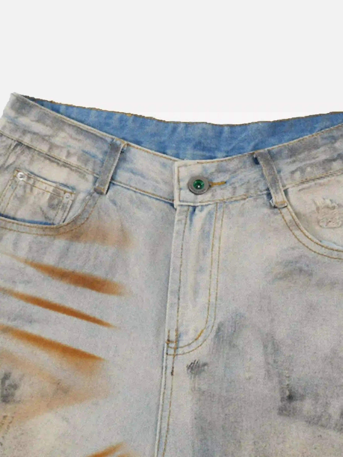 TALISHKO denim shorts featuring a unique mud-dyed pattern with close-up front pocket details.