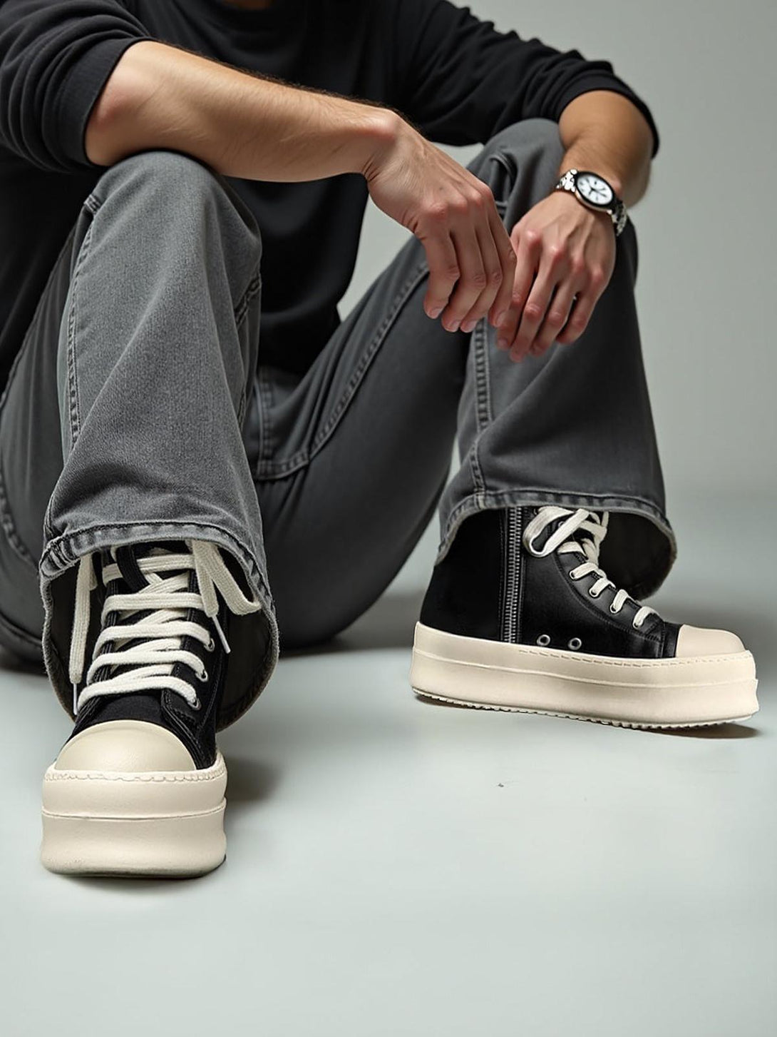 TALISHKO platform sneakers with side zippers, paired with casual gray jeans for a trendy look.