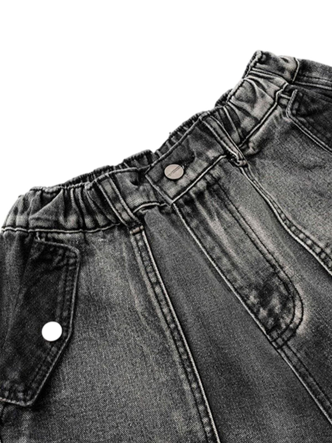 Detailed view of dark gray denim cargo shorts by TALISHKO, showcasing multiple pockets.