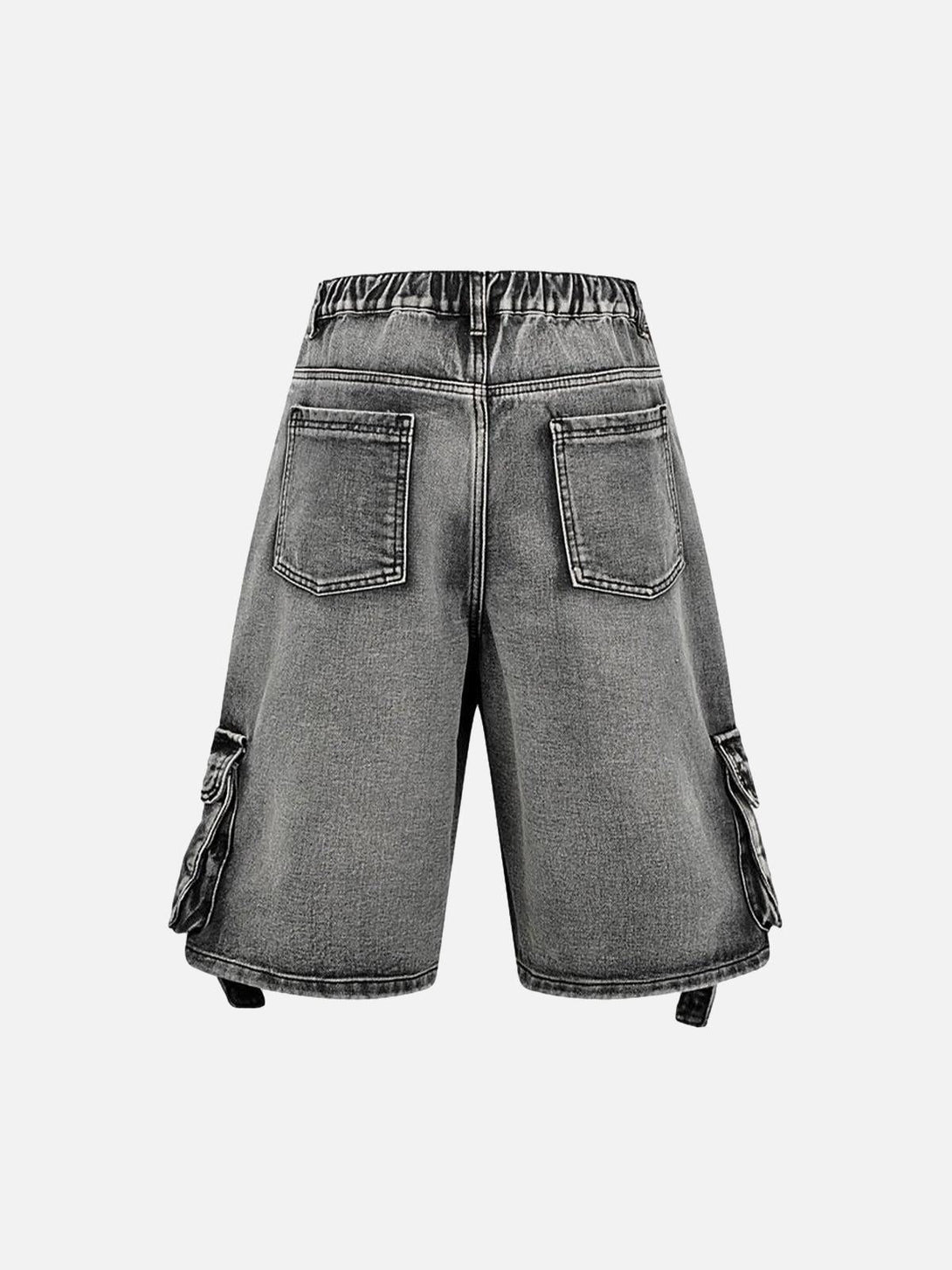 Back view of dark gray high-waisted denim cargo shorts by TALISHKO, featuring multiple pockets.
