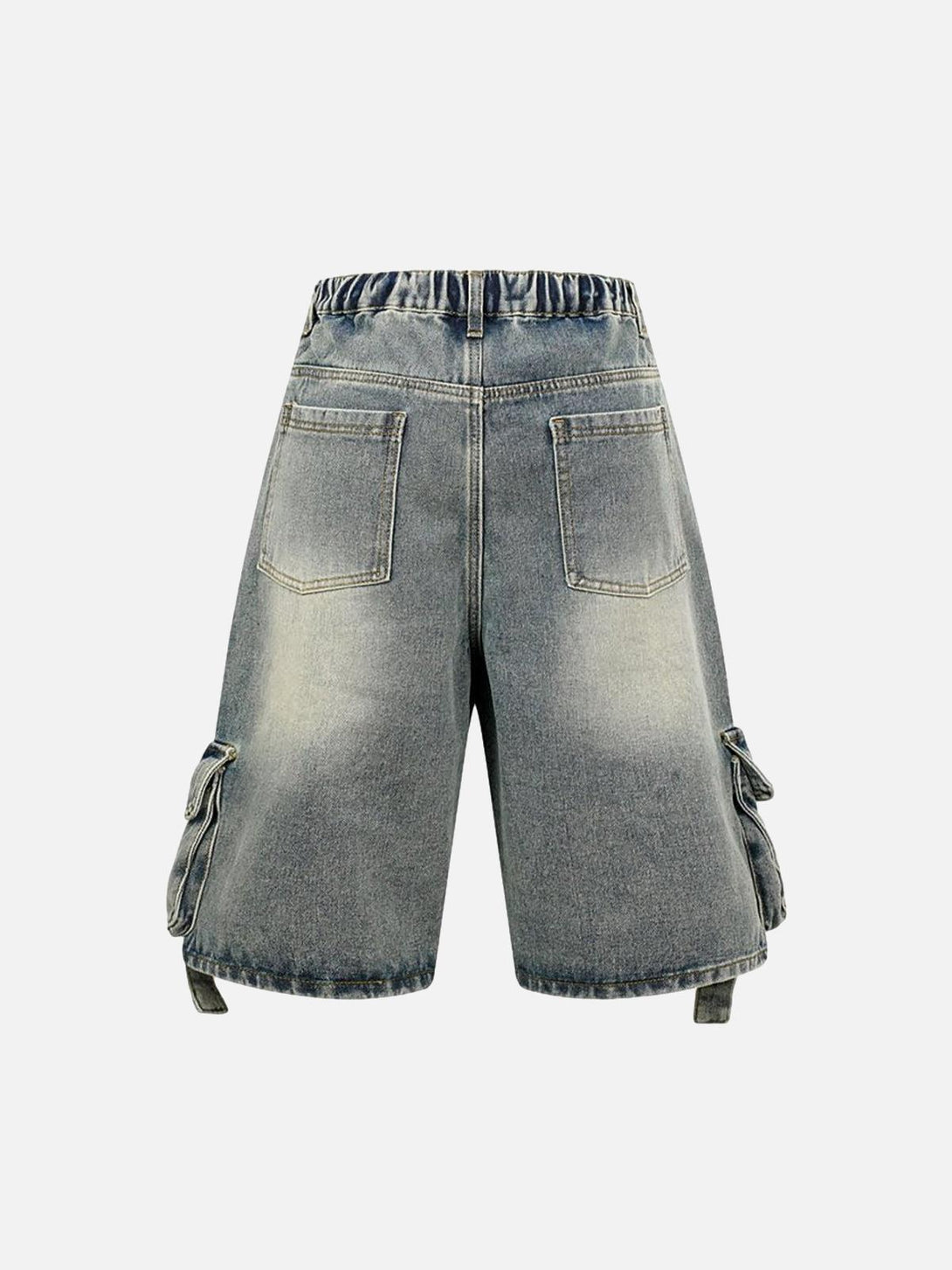 Back view of high-waisted denim cargo shorts by TALISHKO, highlighting multiple pockets.