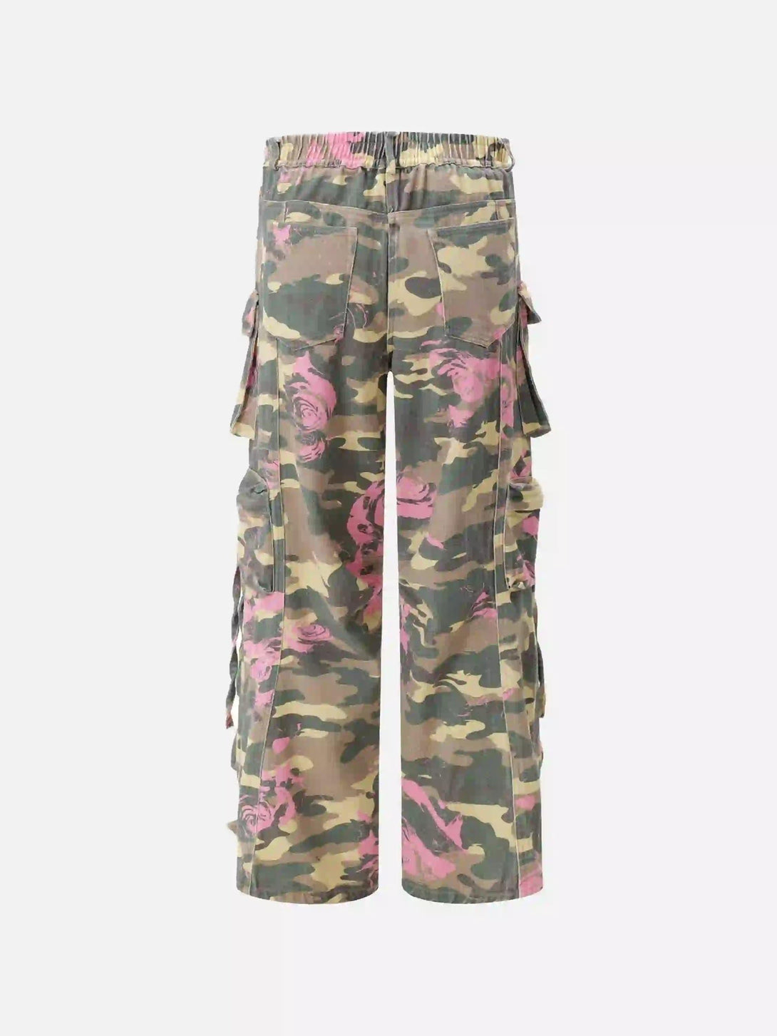 Back view of TALISHKO camouflage cargo pants with pink floral accents and multiple pockets.